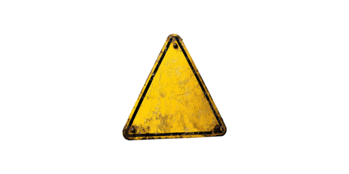 Weathered yellow triangle sign isolated on transparent background