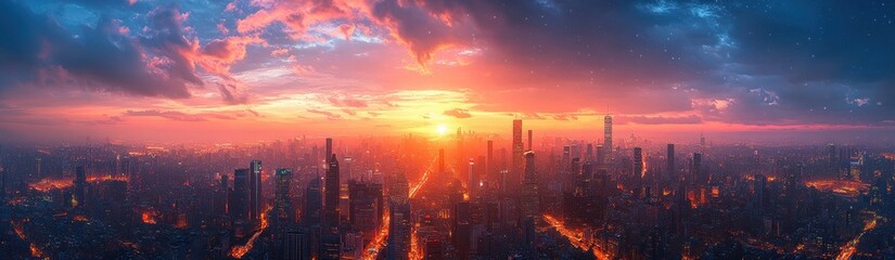 Obraz premium Frankfurt Skyline Twilight Aerial View with Modern Skyscrapers and Dusk Lights