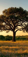 Fototapeta premium A majestic oak tree stands proudly in a golden field during sunset, casting long shadows and evoking a sense of peace and tranquility in nature.