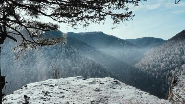 View from Tomasovsky Vyhlad in Slovakia on a sunny winter day - frost falling from trees