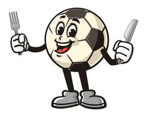 Cartoon mascot character of Football or Soccer ball holding fork and knife
