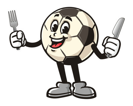 recommend clip art: Cartoon mascot character of Football or Soccer ball holding fork and knife