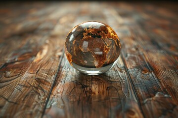 Sleek transparent globe depicting Earth rests on a wooden surface, highlighted by soft lighting that enhances its depth
