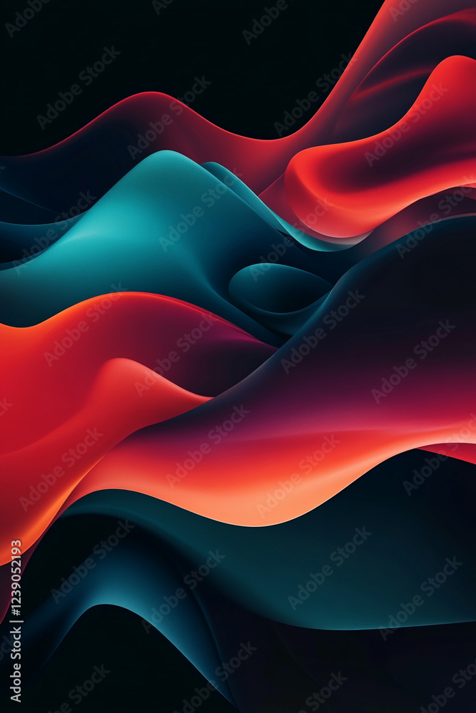 Poster Abstract flowing lines of red and turquoise swirl in a digital design, creating a dynamic and vibrant composition, symbolizing energy, movement, and modernity.