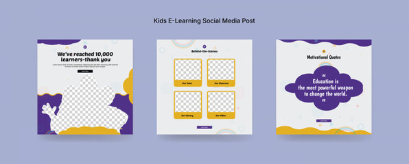 Colorful Online Kids Learning Course Social Media Post Template, Kids Education Banner Design for E-Learning Platforms. Colorful Kids E-Learning Social Media Post Kit