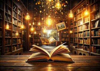 Magical Library: Glowing Open Book & Flying Photos - Vintage Stock Photo