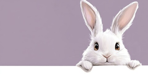 Obraz premium Adorable white rabbit with fluffy ears peeking over edge looking curious