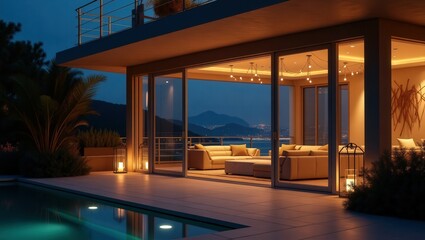 Fototapeta premium Coastal design of modern Balcony at night, cinematic photography