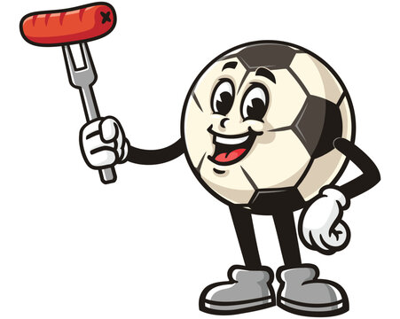 recommend clip art: Cartoon mascot character of Football or Soccer ball holding sausage
