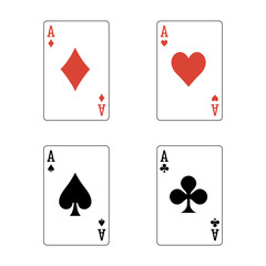 Playing card set. Four aces icon. Poker cards suits. Hearts, clubs, diamonds, spades ace. Winning poker hand. Las Vegas Casino gambling concept