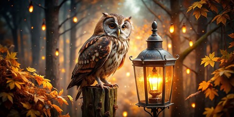 Magical Owl Perched on Antique Lantern with Warm Glow - Autumn Night Scene