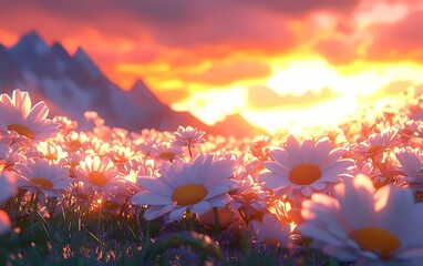 Obraz premium A stunning landscape featuring a field of white daisies illuminated by a vibrant sunset. The scene captures the beauty of nature in warm, glowing tones.