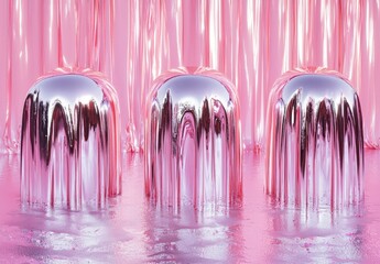 Obraz premium Reflective Metallic Forms with Pink Background and Sheen Effect