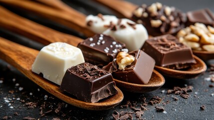 An appealing display of assorted chocolate candies on wooden spoons, featuring various shapes, textures, and decorative elements, perfect for dessert enthusiasts.