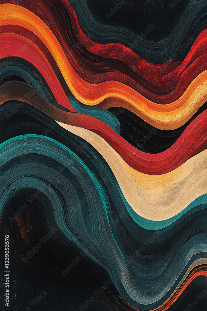 Poster close-up image of flowing abstract waves in red, orange, and teal colors, showcasing smooth, fluid, 