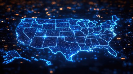 A glowing, digital representation of the United States map,
