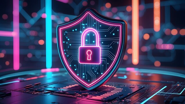 Futuristic Cybersecurity Shield with Glowing Lock -Cybersecurity Digital Shield