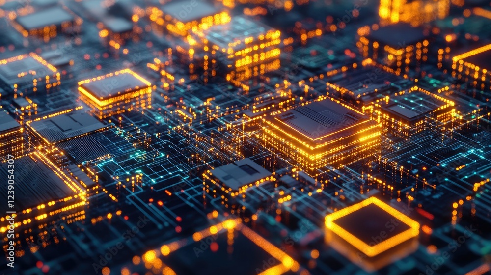 Poster blockchain and cryptocurrency concept with glowing interconnected nodes and data blocks in a futuris