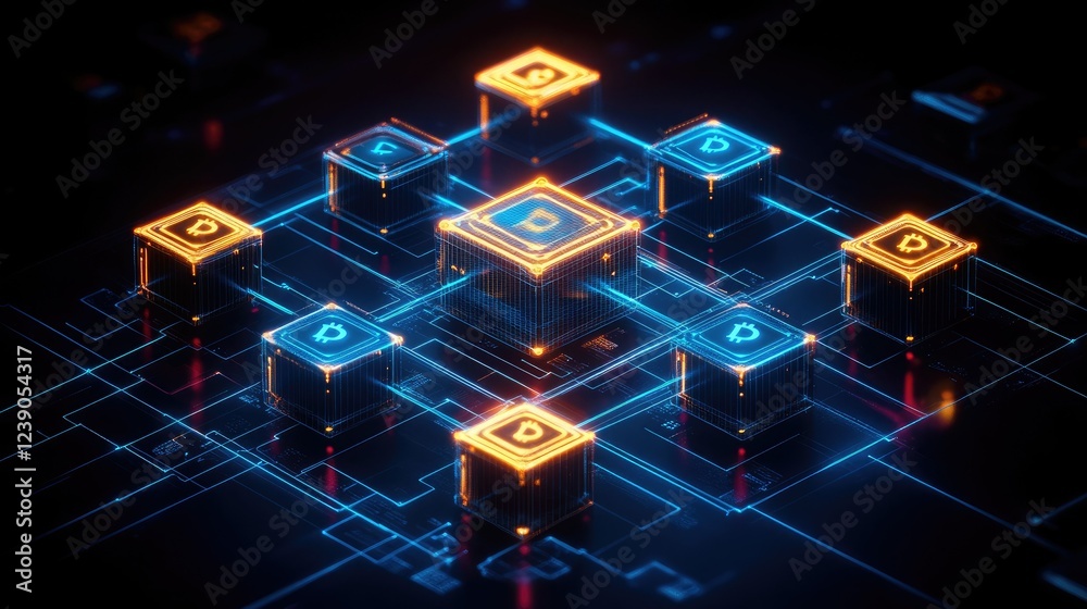 Poster blockchain and cryptocurrency concept with glowing interconnected nodes and data blocks in a futuris