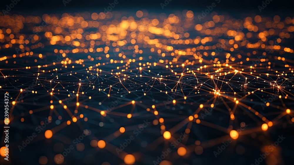 Poster blockchain data blocks interconnected in a luminous network, illustrating cryptocurrency technology 