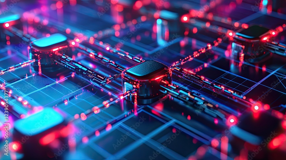 Poster blockchain and cryptocurrency concept with glowing interconnected nodes and data blocks in a futuris