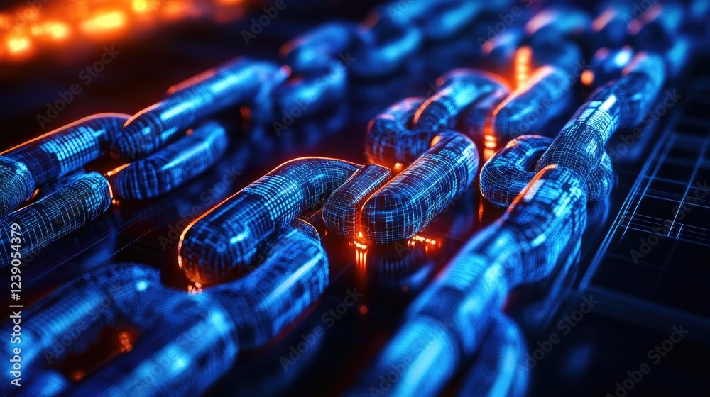 Poster blockchain and cryptocurrency concept with glowing interconnected nodes and data blocks in a futuris