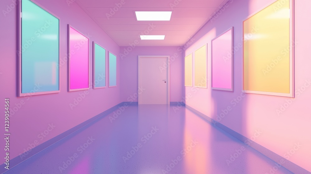 Poster a brightly colored hallway features pastel walls and windows, creating a serene and modern atmospher