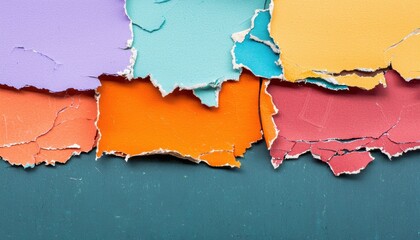 Obraz premium Playful collection of ripped paper scraps in diverse colors and designs, creating a dynamic and textured layout for crafts or digital design