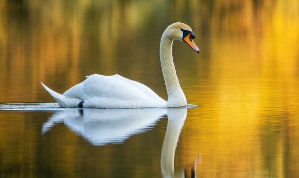 A beautiful white swan is gracefully swimming in the water during sunset