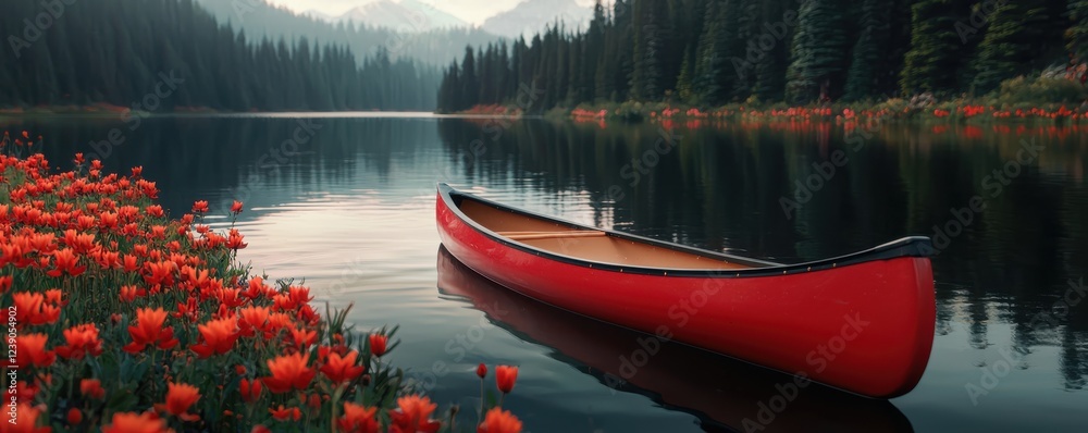 Poster a serene lake scene featuring a red canoe surrounded by vibrant flowers and lush evergreen trees und