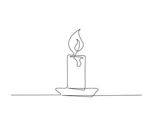 Continuous one line drawing of burning fire candle. Candle in single line draw illustration. Editable stroke.