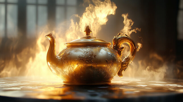 Smoke surrounds the golden teapot HD 8K wallpaper Stock Photographic Image