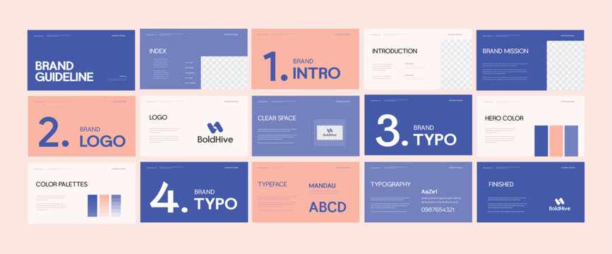 Brand identity design template. Creative brand guidelines layout. Logo and brand strategy guide. Brand manual presentation. Brand strategy design. Logo guideline book.