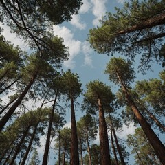 Fototapeta premium Photograph a row of tall pine trees reaching for the sky.