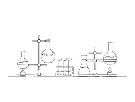 Continuous one line drawing of laboratory test tubes. laboratory equipment set in single line draw illustration. Editable stroke.