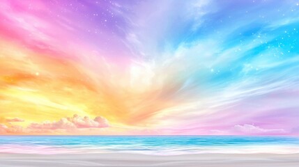 Obraz premium Pastel beach sunrise, ocean sky, calm waves, peaceful background, ideal for design