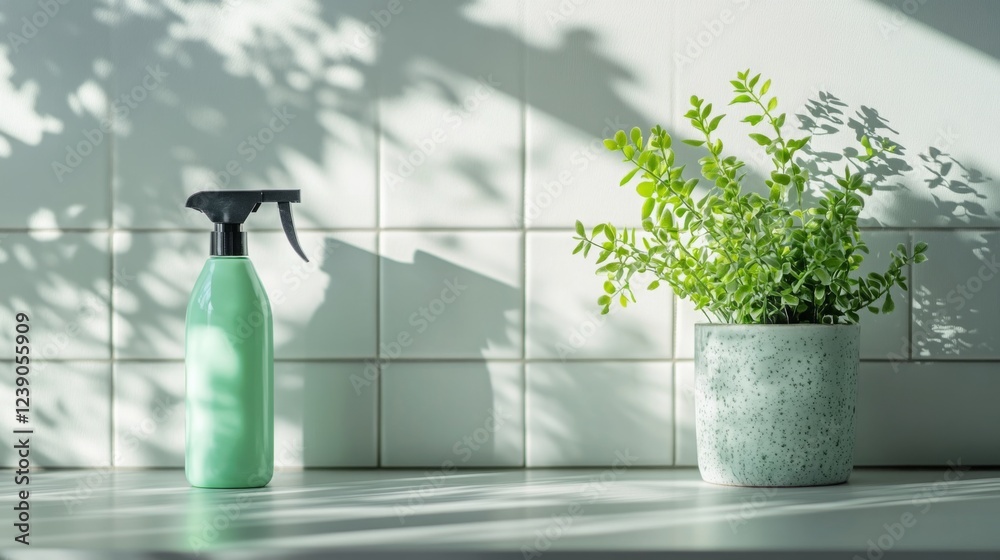 Poster a mint green spray bottle sits next to a textured pot filled with lush green plants, illuminated by 