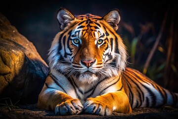 Majestic Bengal Tiger Night Zoo Portrait - Intense Stare