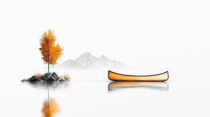 Tranquil Autumn Landscape with a Canoe, Mountain Reflection, and Vibrant Tree by the Water