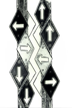 Abstract multi-directional arrows trail road sign instructions conflicting confusion metaphor path decisions business life choices help management monochrome illustration leadership backdrop