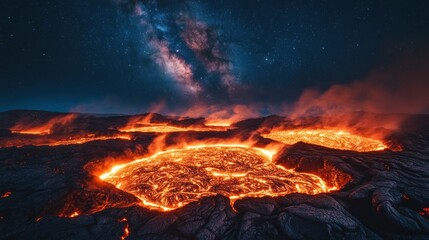 Naklejka premium Glowing Lava Flows Underneath a Starry Night Sky