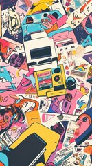 Obraz premium Colorful Collage Featuring Retro Tech and Graffiti Art