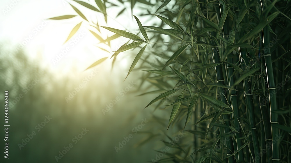 Poster Lush bamboo stalks sway gently in the soft light, creating a serene and tranquil atmosphere in a verdant landscape.