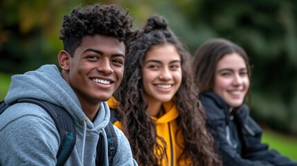 Three people sitting outdoors smiling at the camera wearing casual clothing with green background