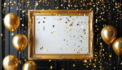 Blank picture frame mock up, A sleek gold frame with a blank white canvas, hanging on a black wall with shimmering gold confetti, surrounded by balloons and champagne glasses, wall art presentation