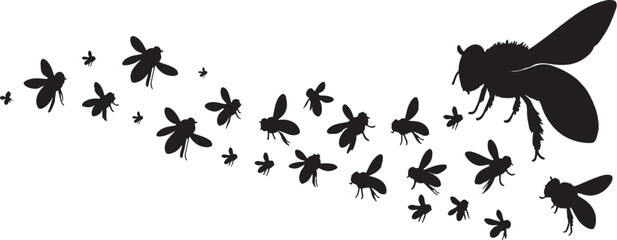 Hand drawn flock of flying honey bees silhouette