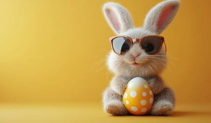 Fototapeta premium Cute fluffy bunny rabbit wearing sunglasses holds a speckled Easter egg against a solid yellow background. The bunny is digitally rendered with a slightly sparkly texture. The overall mood is