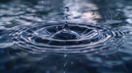 A clear droplet of water hovers delicately, capturing soft light and reflections, symbolizing freshness and vitality