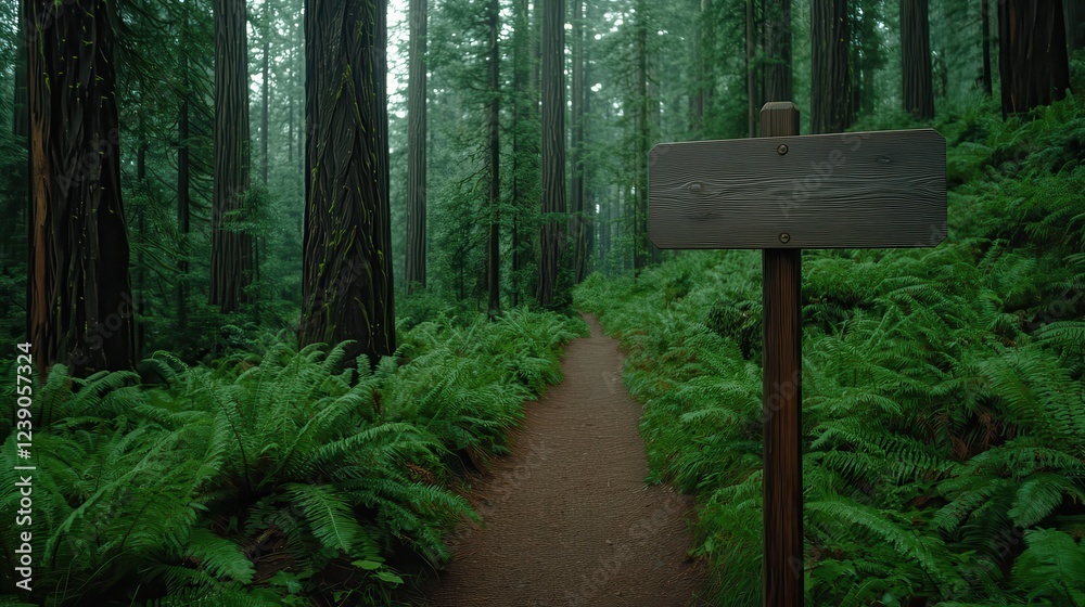 Poster a serene forest path lined with lush greenery and towering trees, featuring a wooden sign post guidi