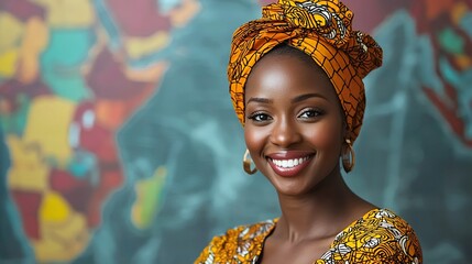 Smiling woman, African print headwrap, colorful background, portrait